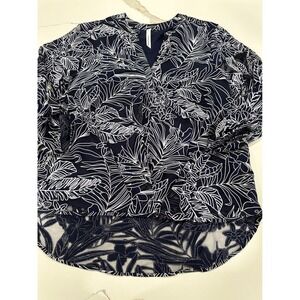 Navy Blue White Tropical Floral Burnout High‎ Low Blouse XL Womens
